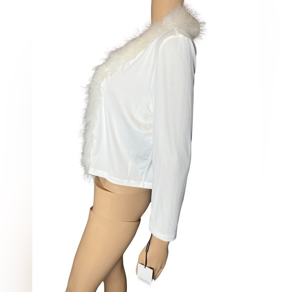 New!! Calvin Klein Cream Crop Open Fur Long Sleeve Cardigan Sweater Sz Medium - Picture 5 of 9